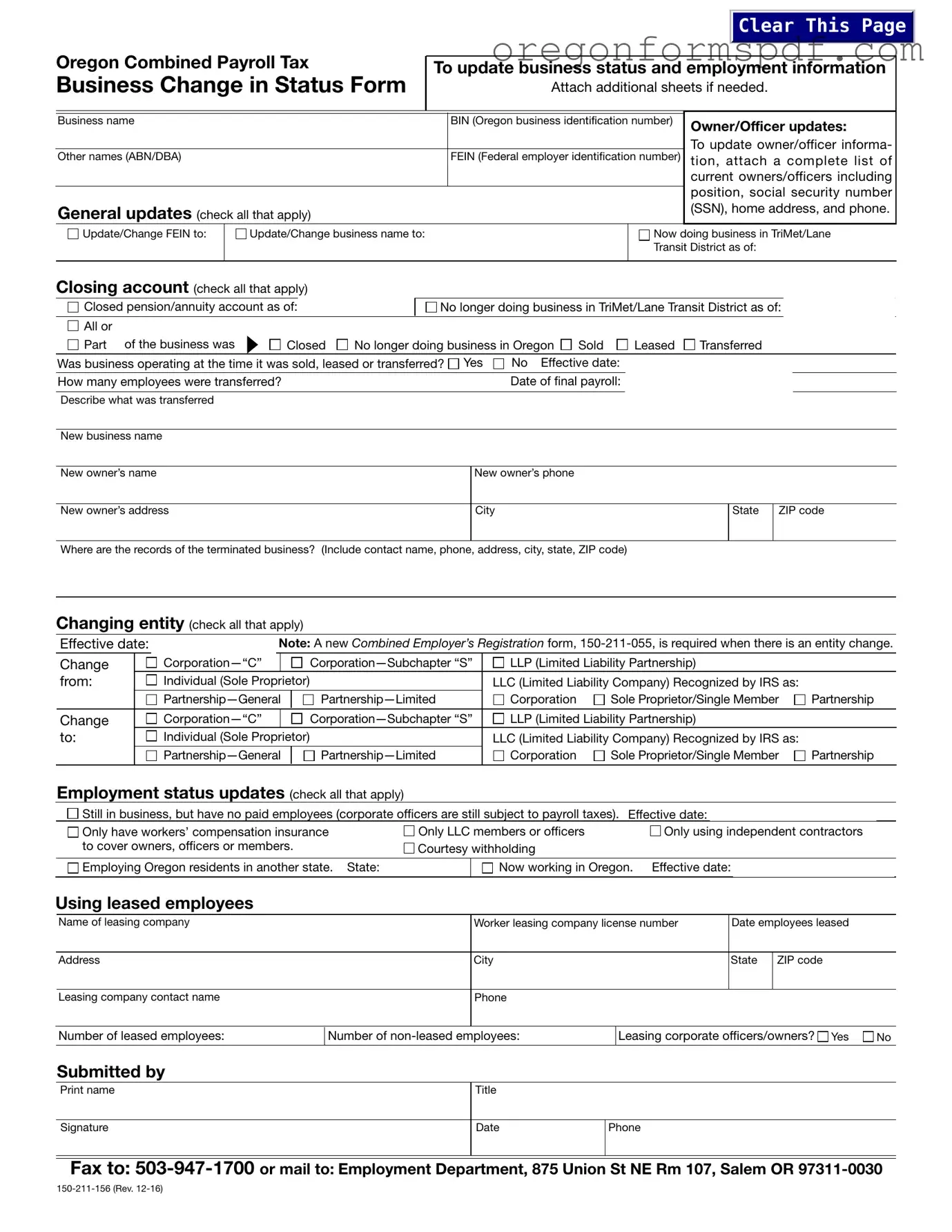 Free Bin Oregon PDF Form