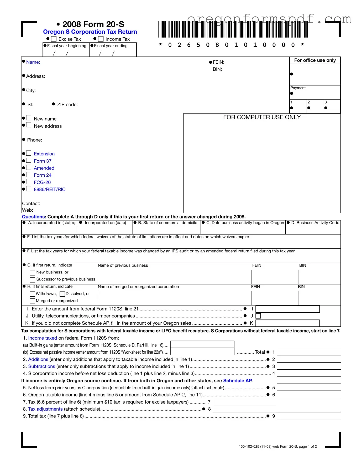Free Oregon 20 S PDF Form