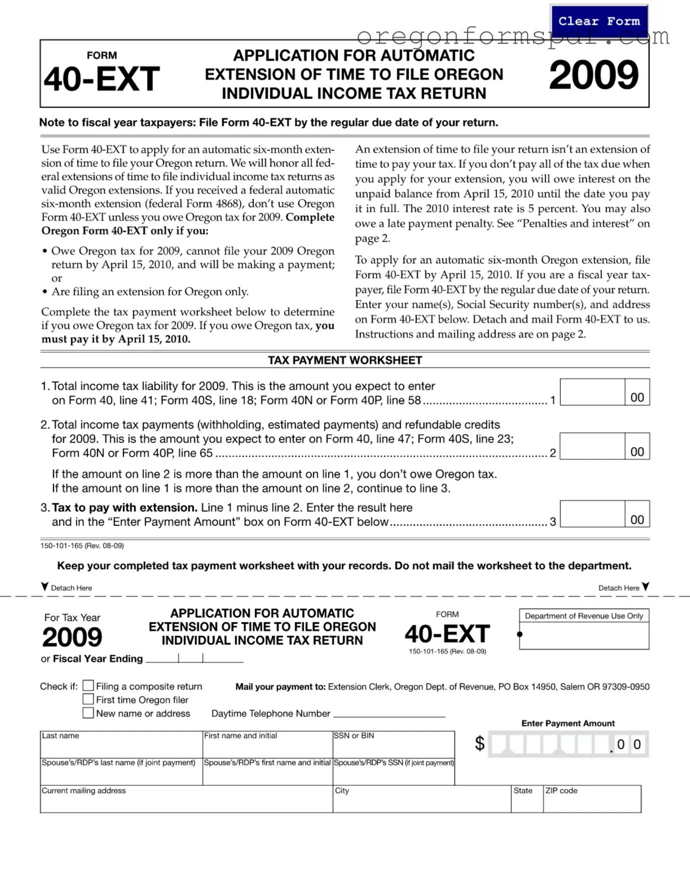 Free Oregon 40 Ext PDF Form
