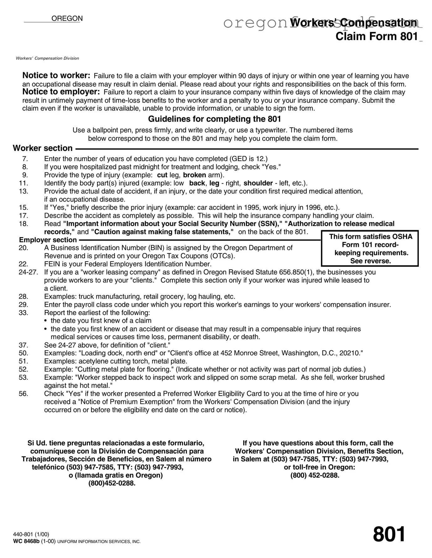 Free Oregon 801 PDF Form