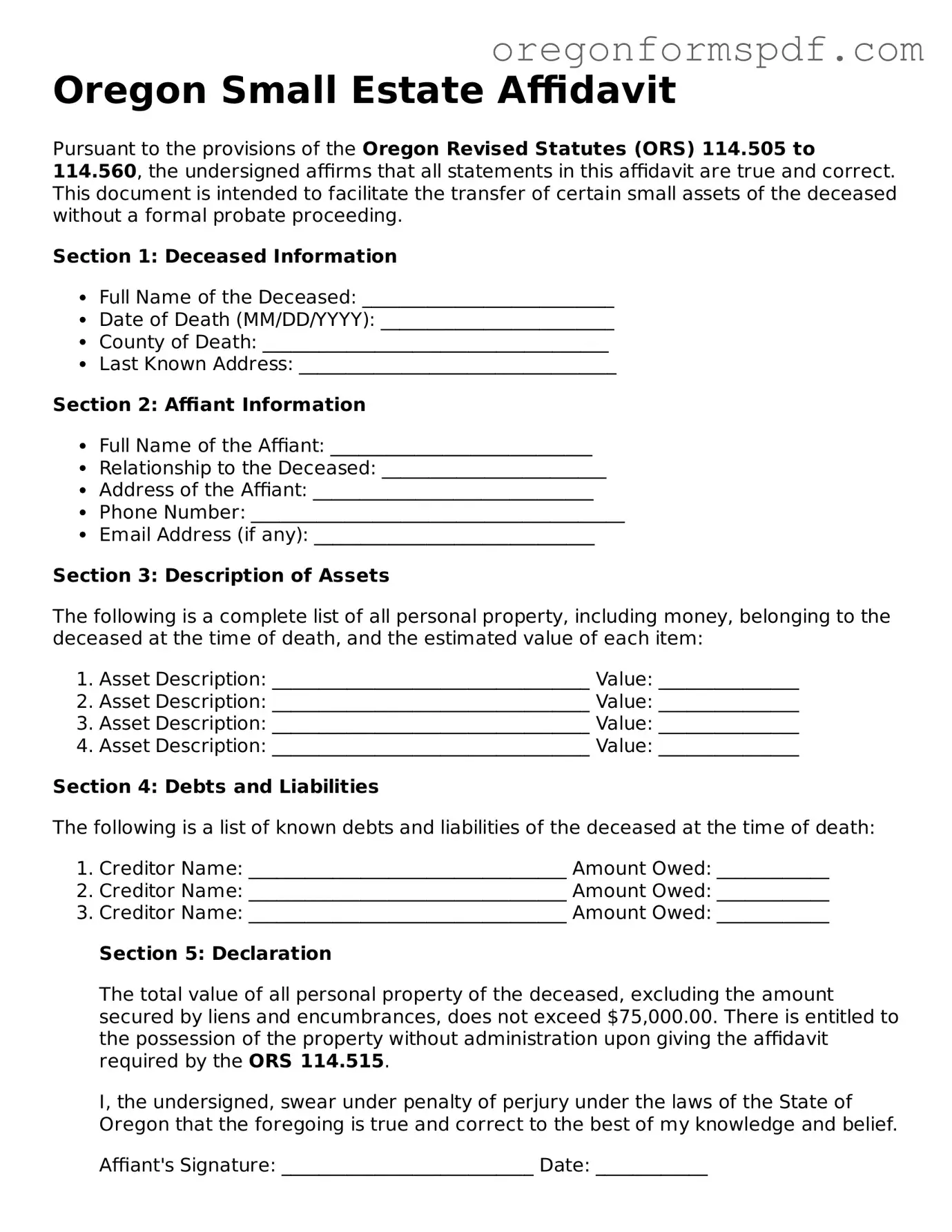 Official  Small Estate Affidavit Template for Oregon