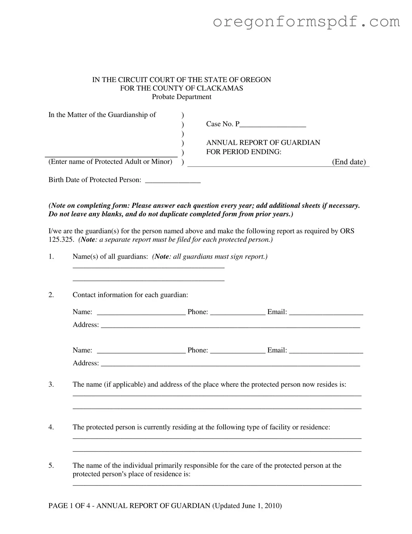 Free Oregon Annual Report Guardian PDF Form