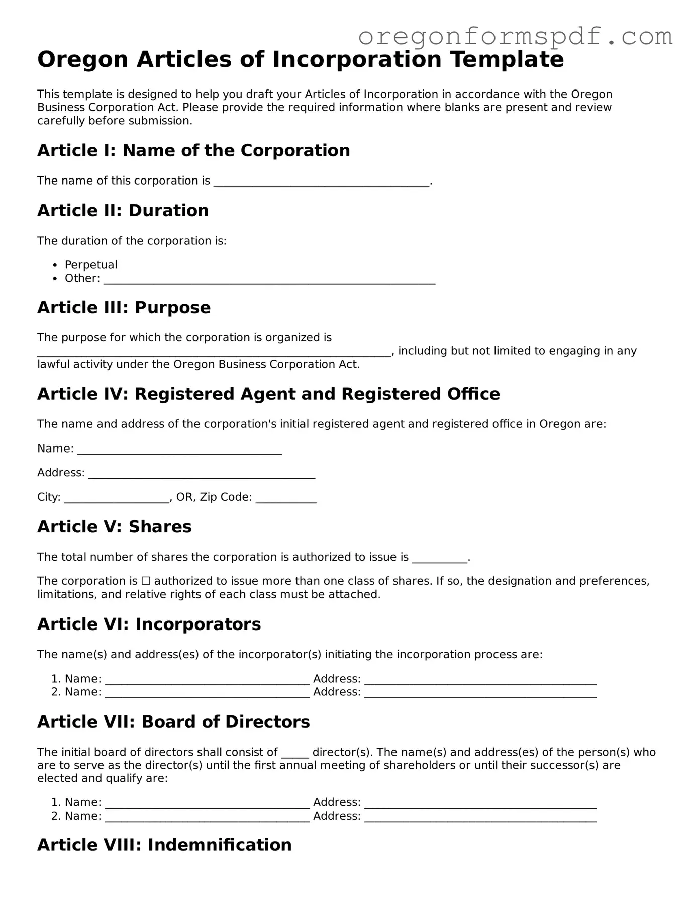 Official  Articles of Incorporation Template for Oregon