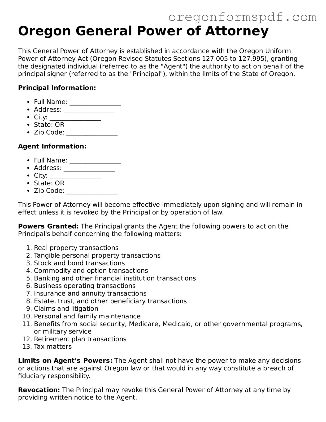 Official  General Power of Attorney Template for Oregon