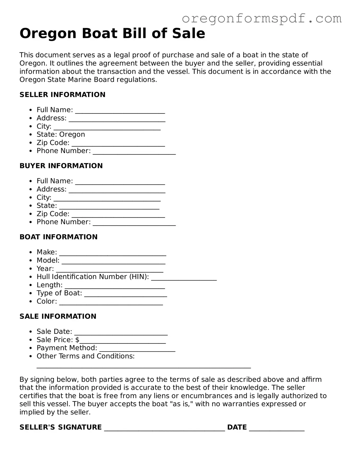 Official  Boat Bill of Sale Template for Oregon