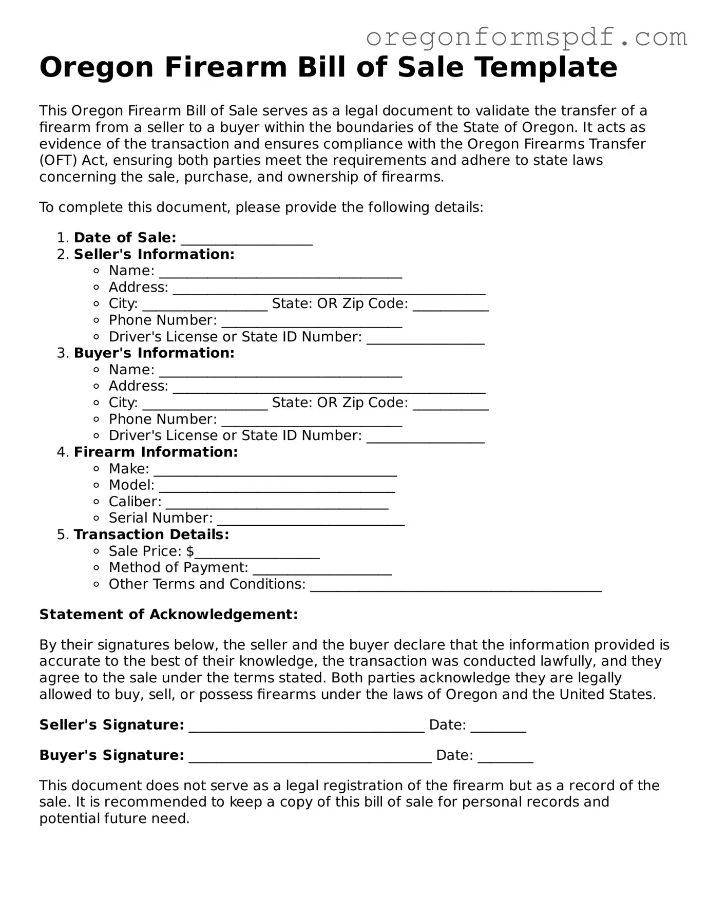 Official  Firearm Bill of Sale Template for Oregon