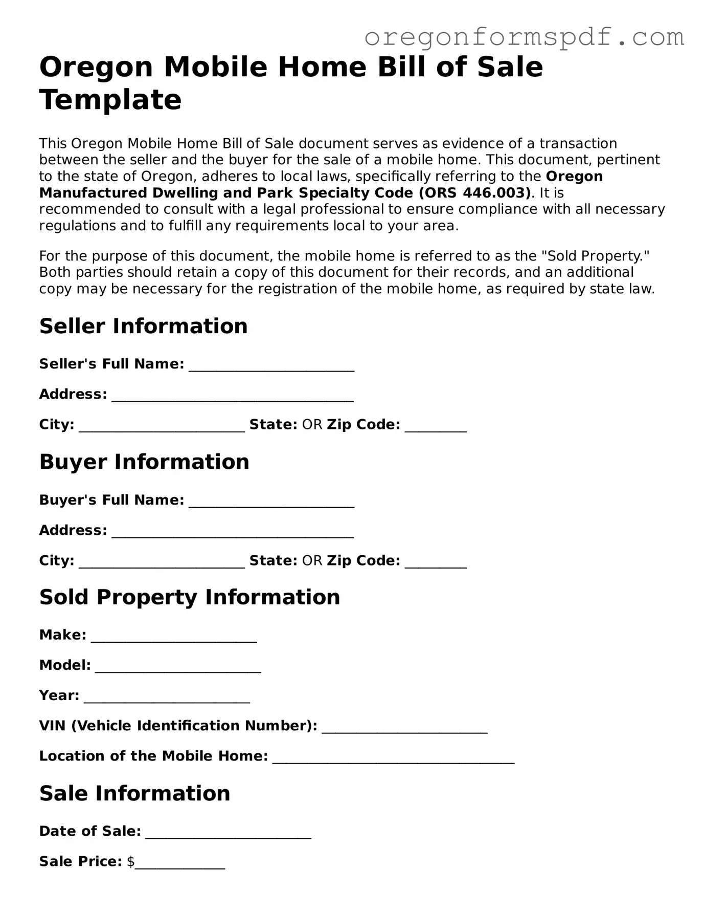 Official  Mobile Home Bill of Sale Template for Oregon
