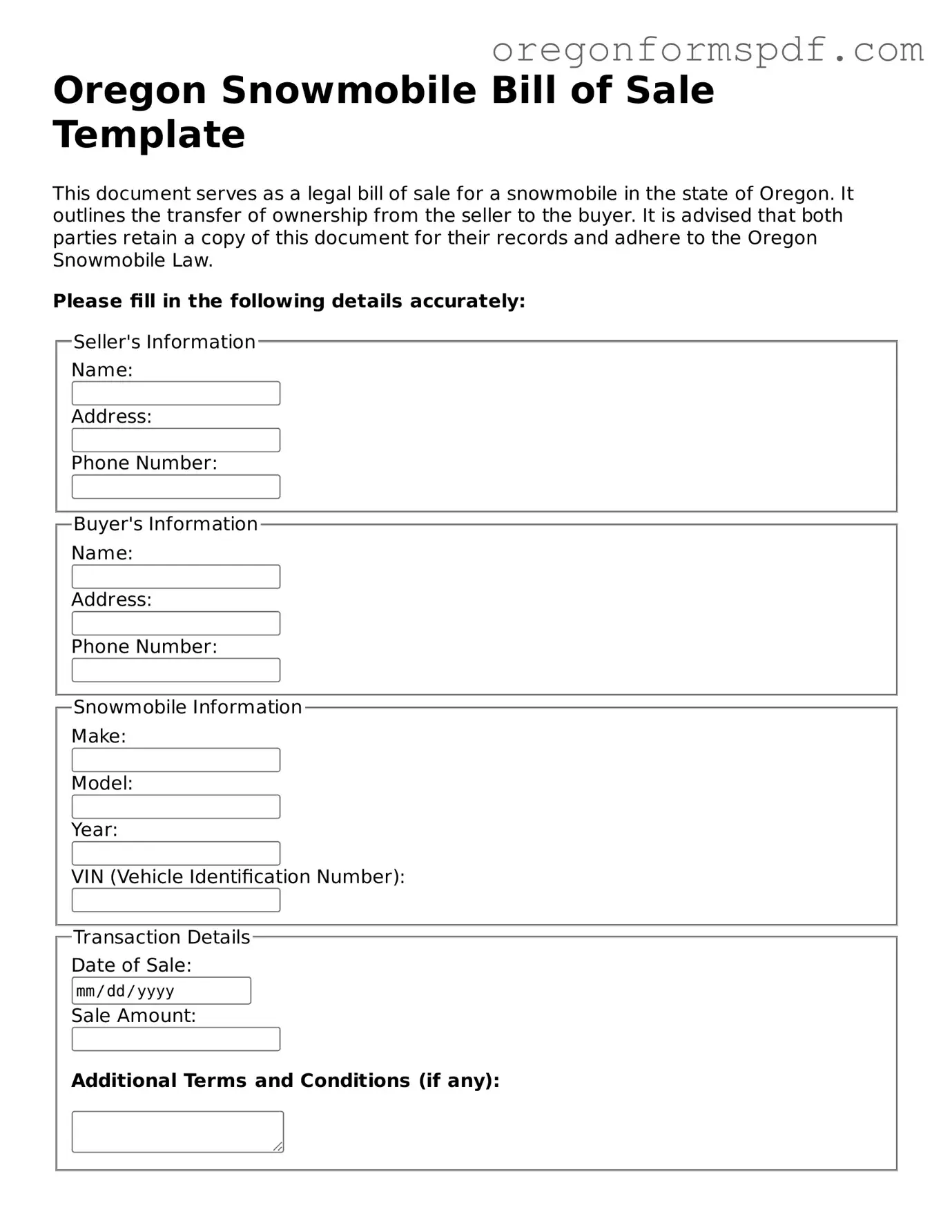 Official  Snowmobile Bill of Sale Template for Oregon