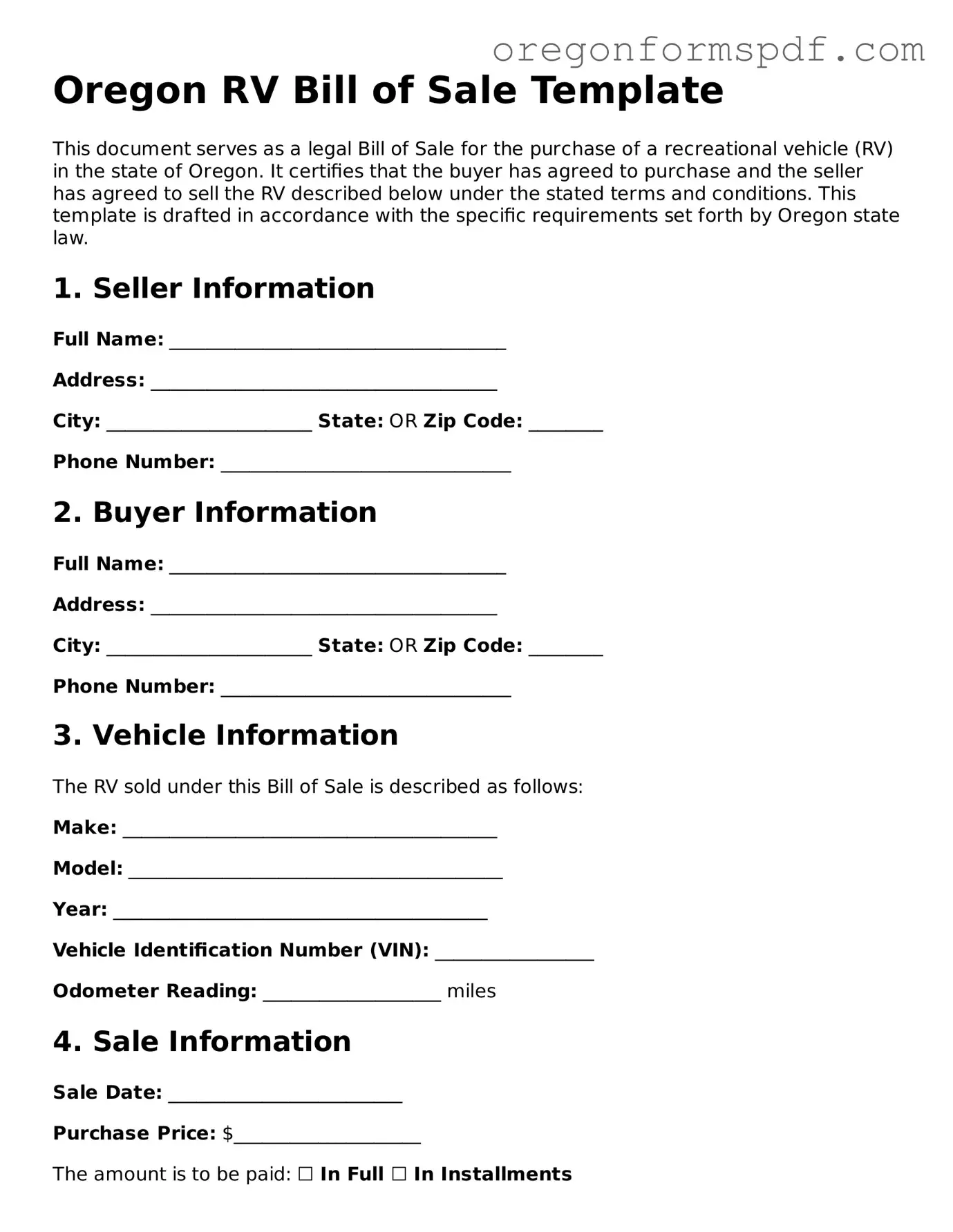 Official  RV Bill of Sale Template for Oregon