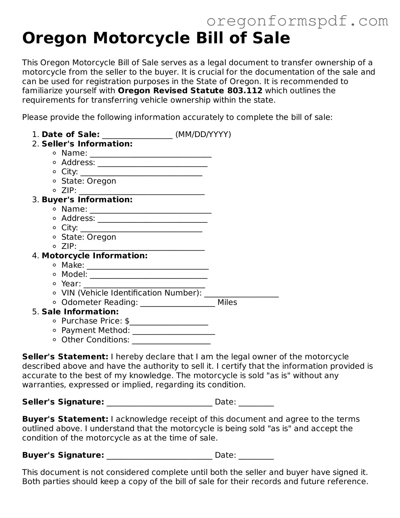 Official  Motorcycle Bill of Sale Template for Oregon