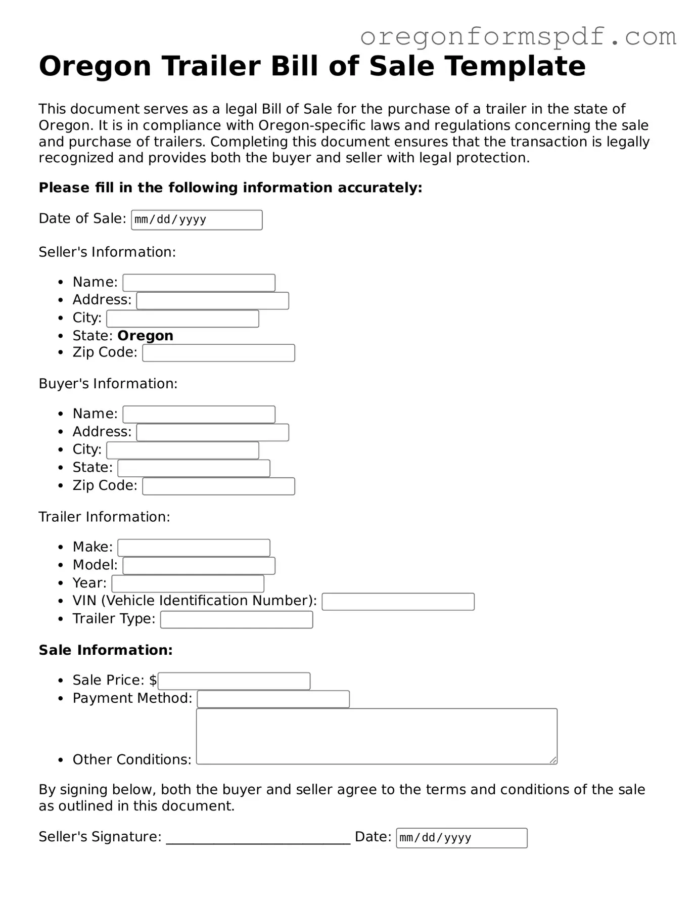 Official  Trailer Bill of Sale Template for Oregon