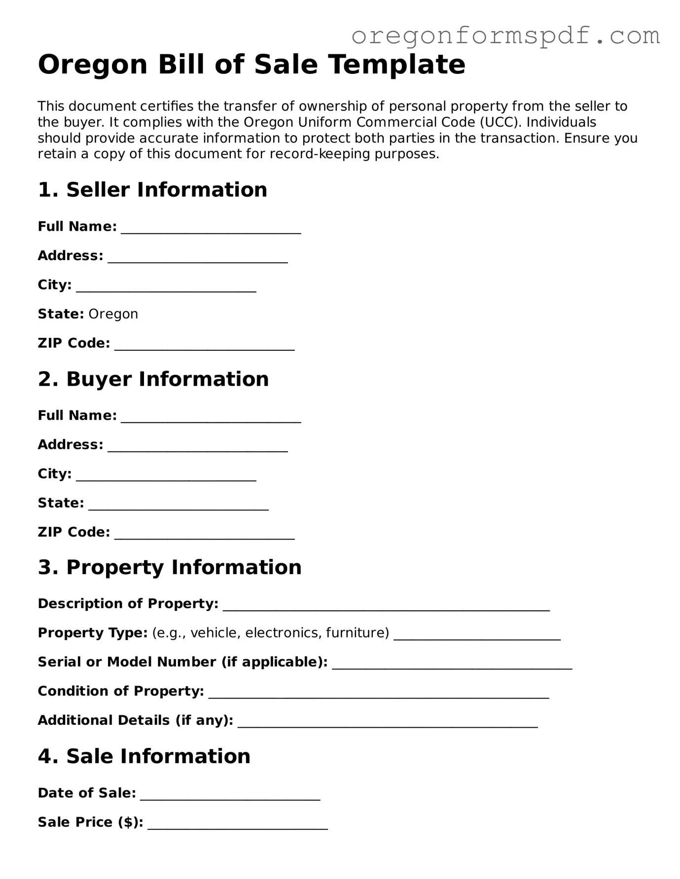 Official  Bill of Sale Template for Oregon