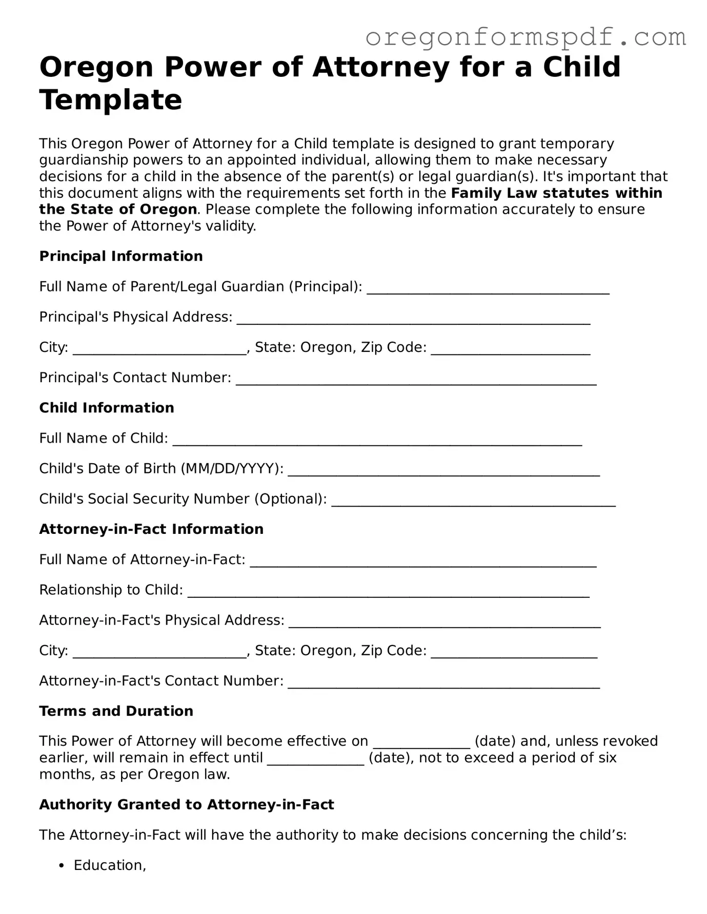 Official  Power of Attorney for a Child Template for Oregon