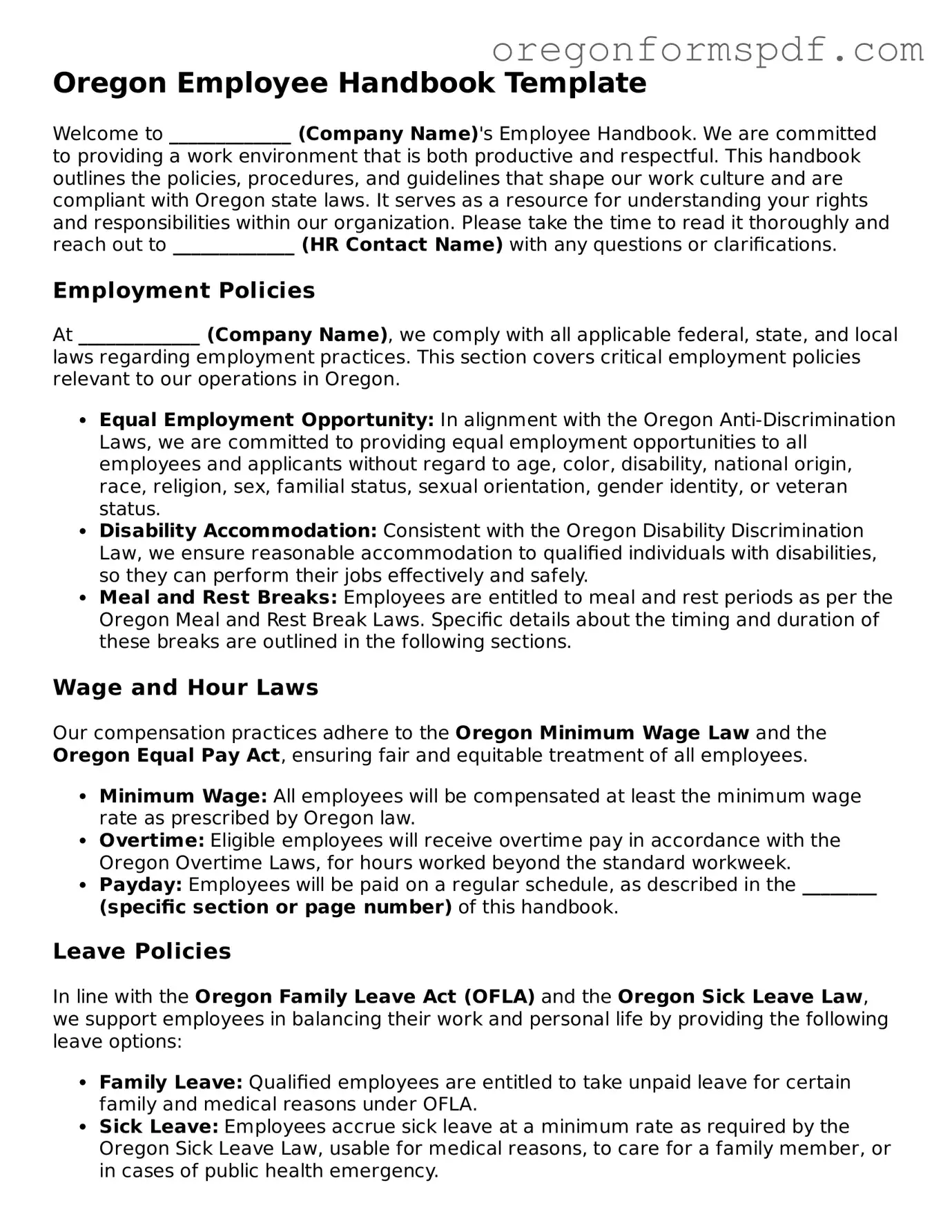 Official  Employee Handbook Template for Oregon