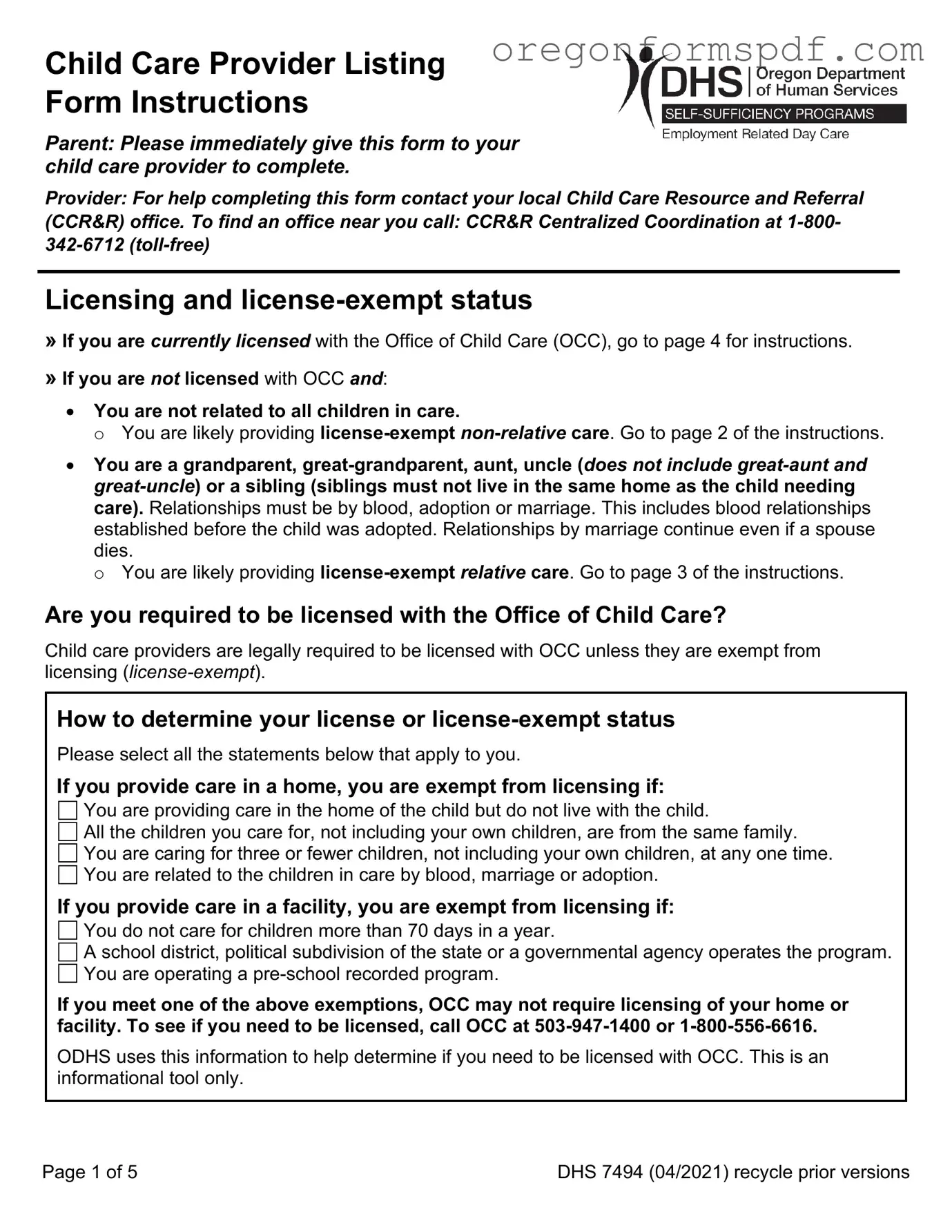 Free Oregon Dhs Child Care Provider PDF Form