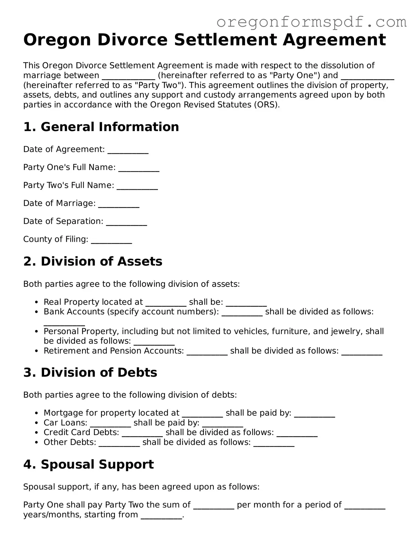Official  Divorce Settlement Agreement Template for Oregon