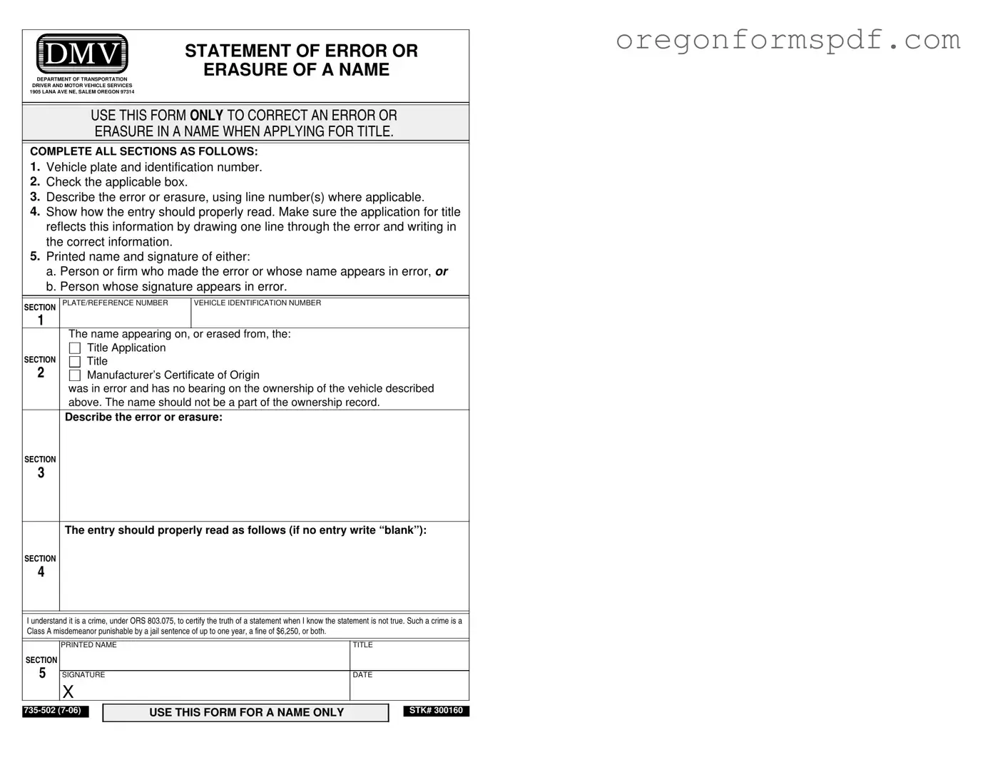 Free Oregon Dmv 735 502 PDF Form