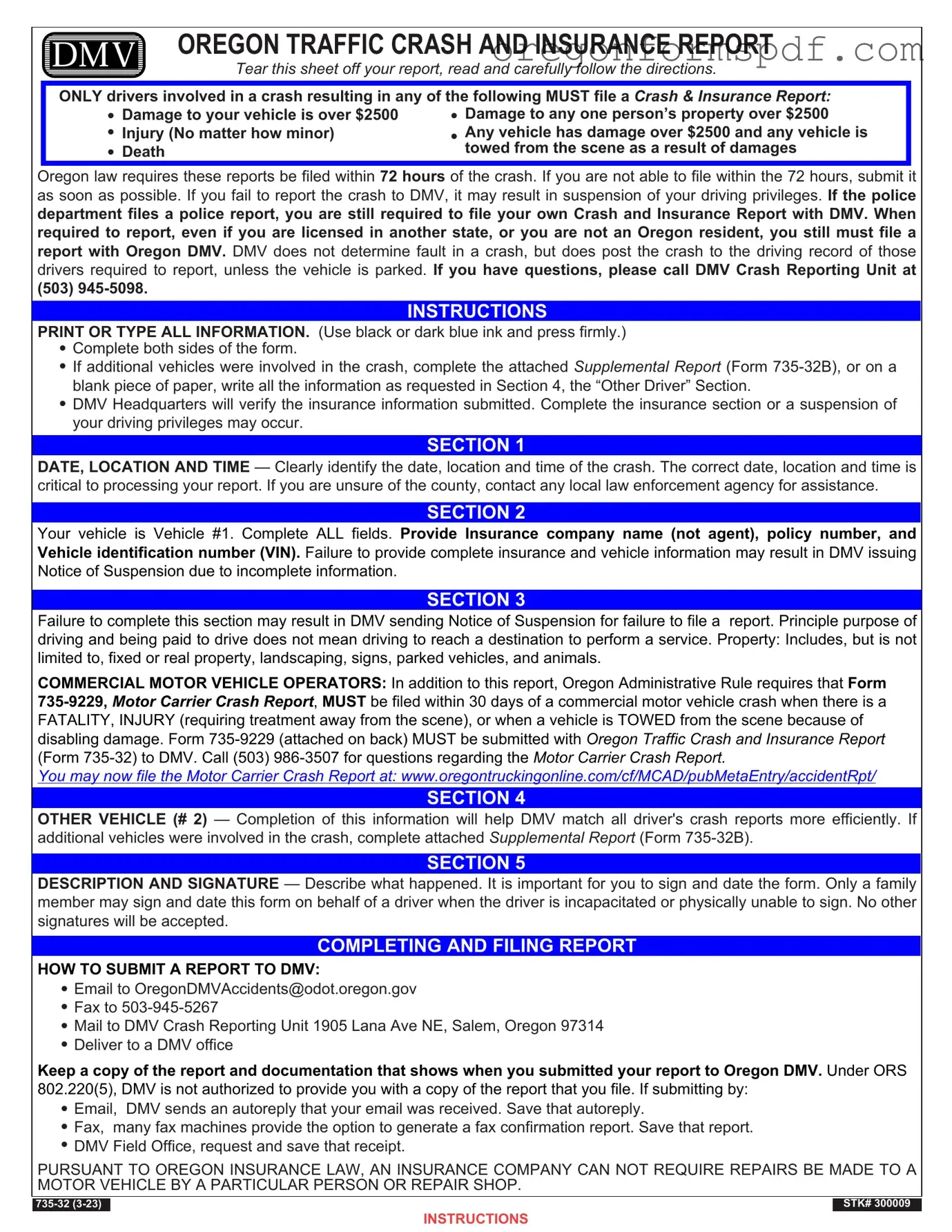 Free Oregon Dmv Accident Report PDF Form