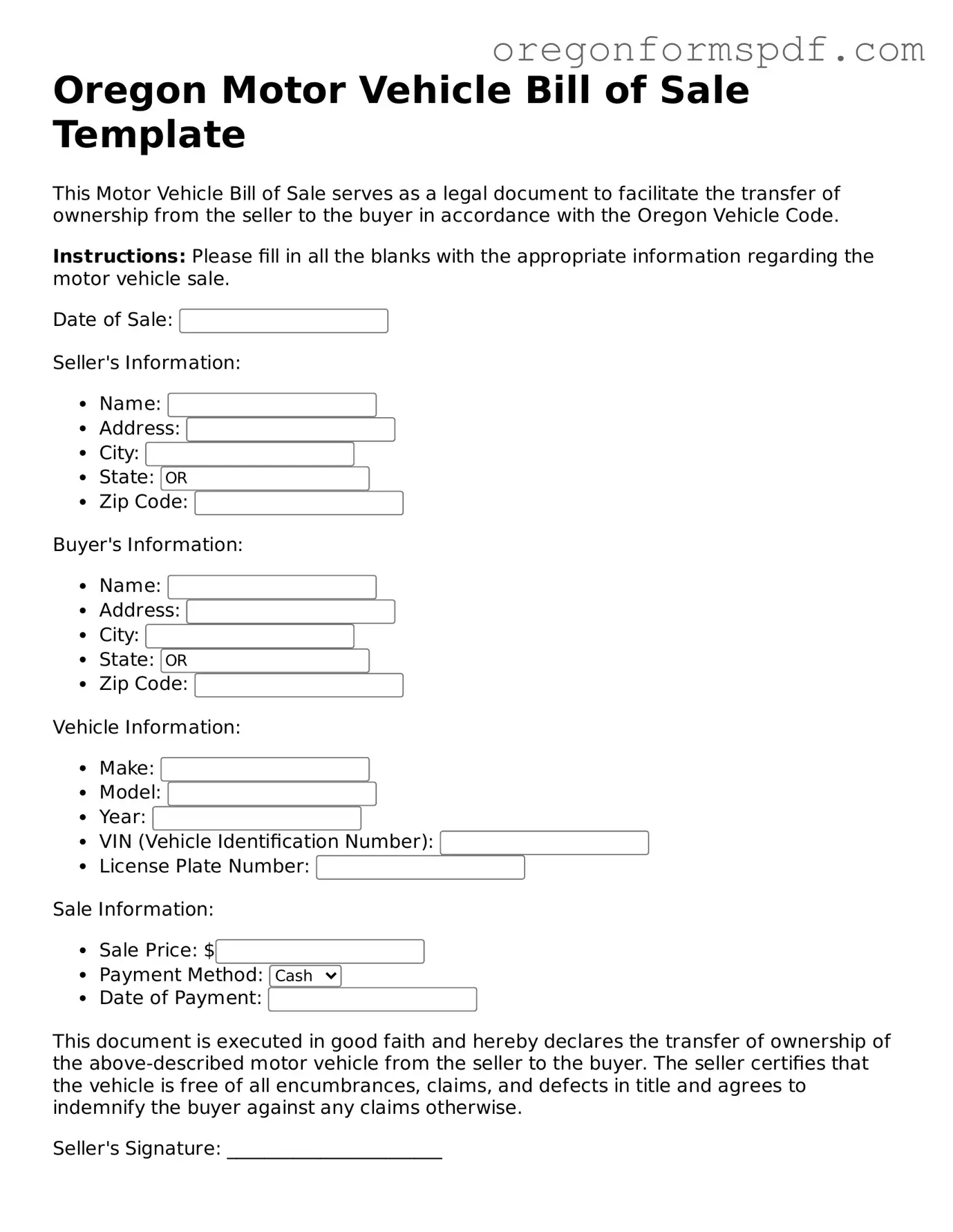 Official  Motor Vehicle Bill of Sale Template for Oregon