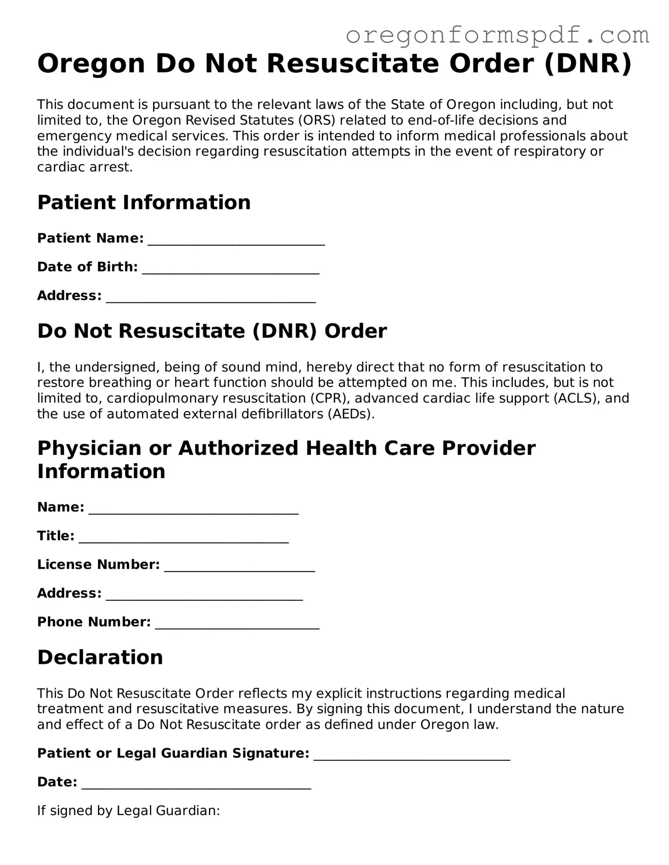 Official  Do Not Resuscitate Order Template for Oregon