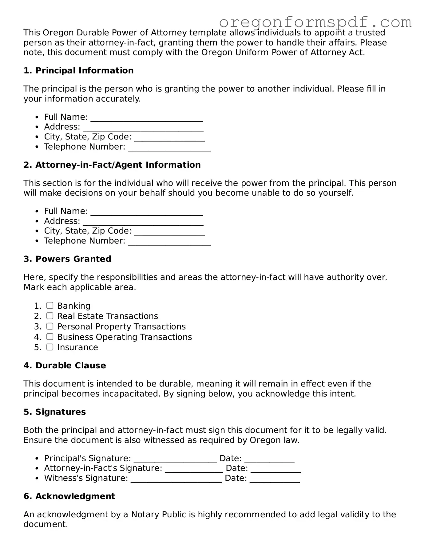 Official  Durable Power of Attorney Template for Oregon