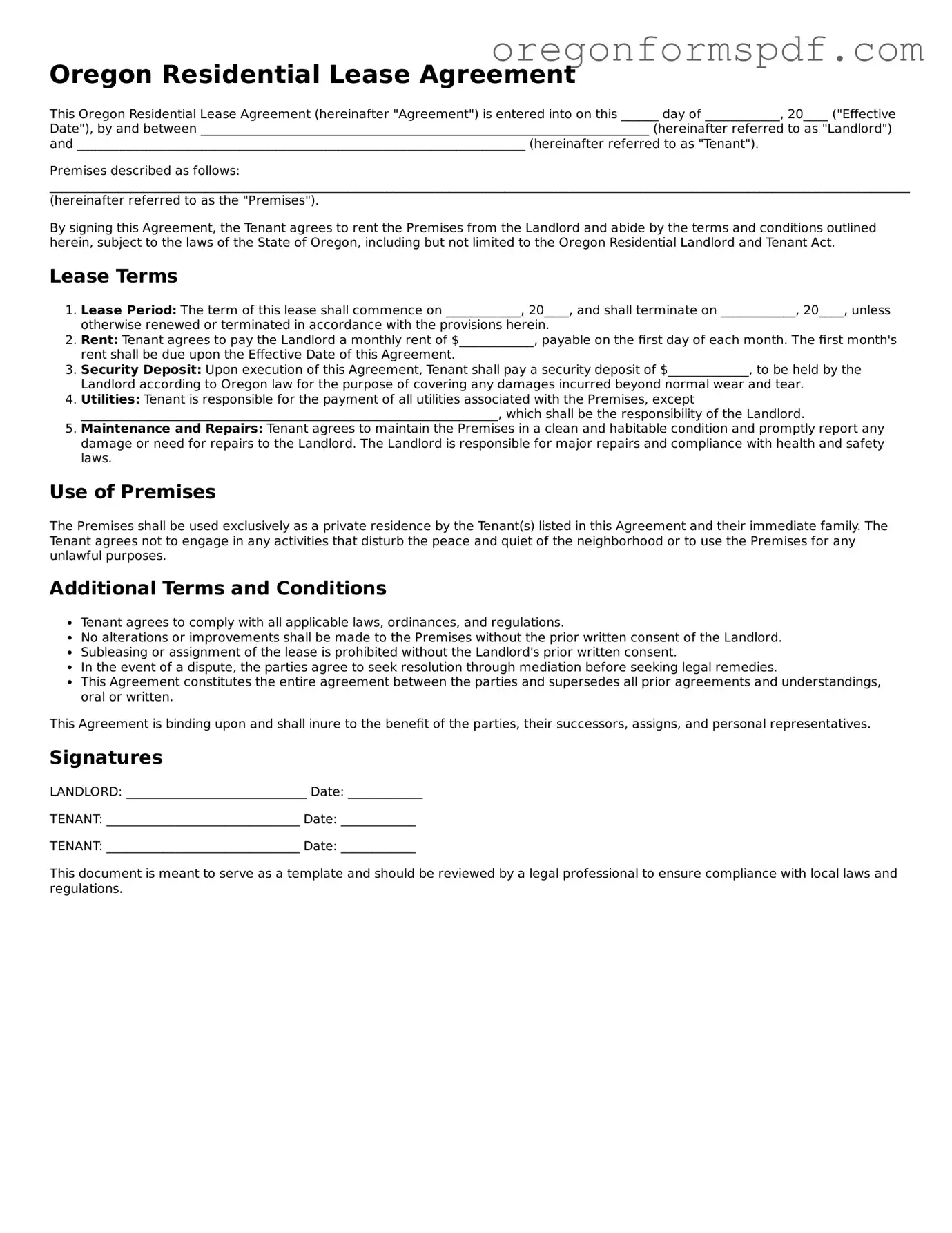 Official  Residential Lease Agreement Template for Oregon