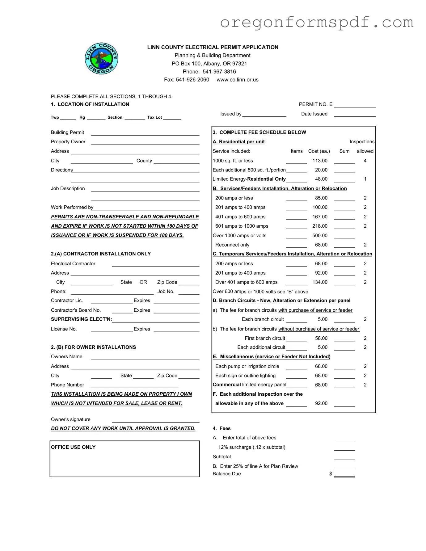 Free Oregon Electrical Permit Application Linn PDF Form