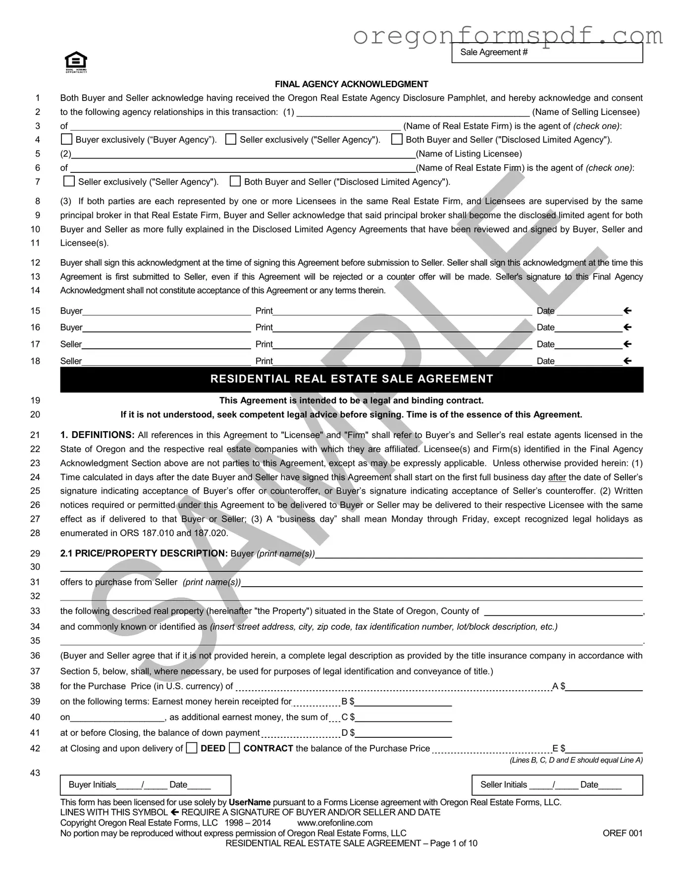 Free Oregon Estate Sale Agreement PDF Form