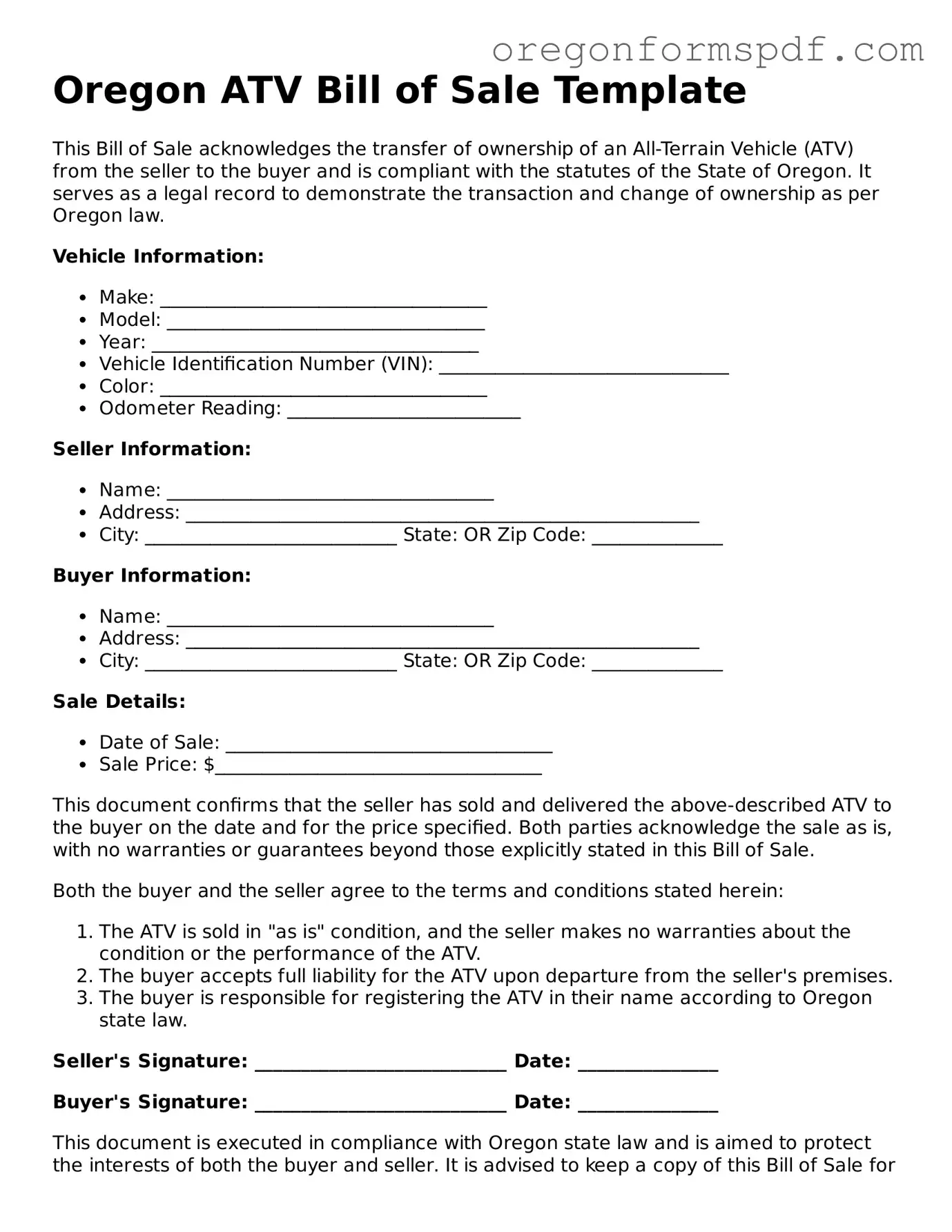 Official  ATV Bill of Sale Template for Oregon