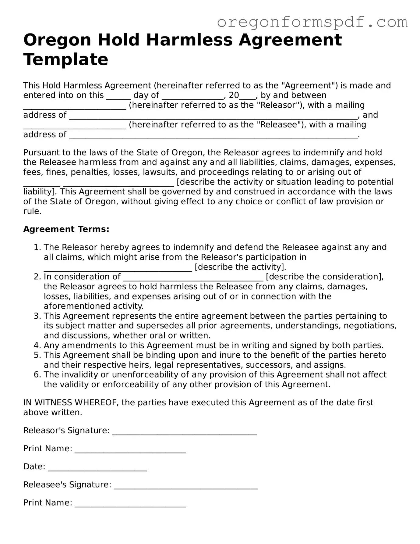 Official  Hold Harmless Agreement Template for Oregon