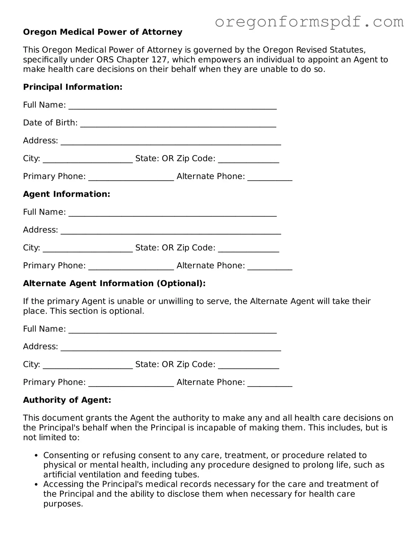 Official  Medical Power of Attorney Template for Oregon