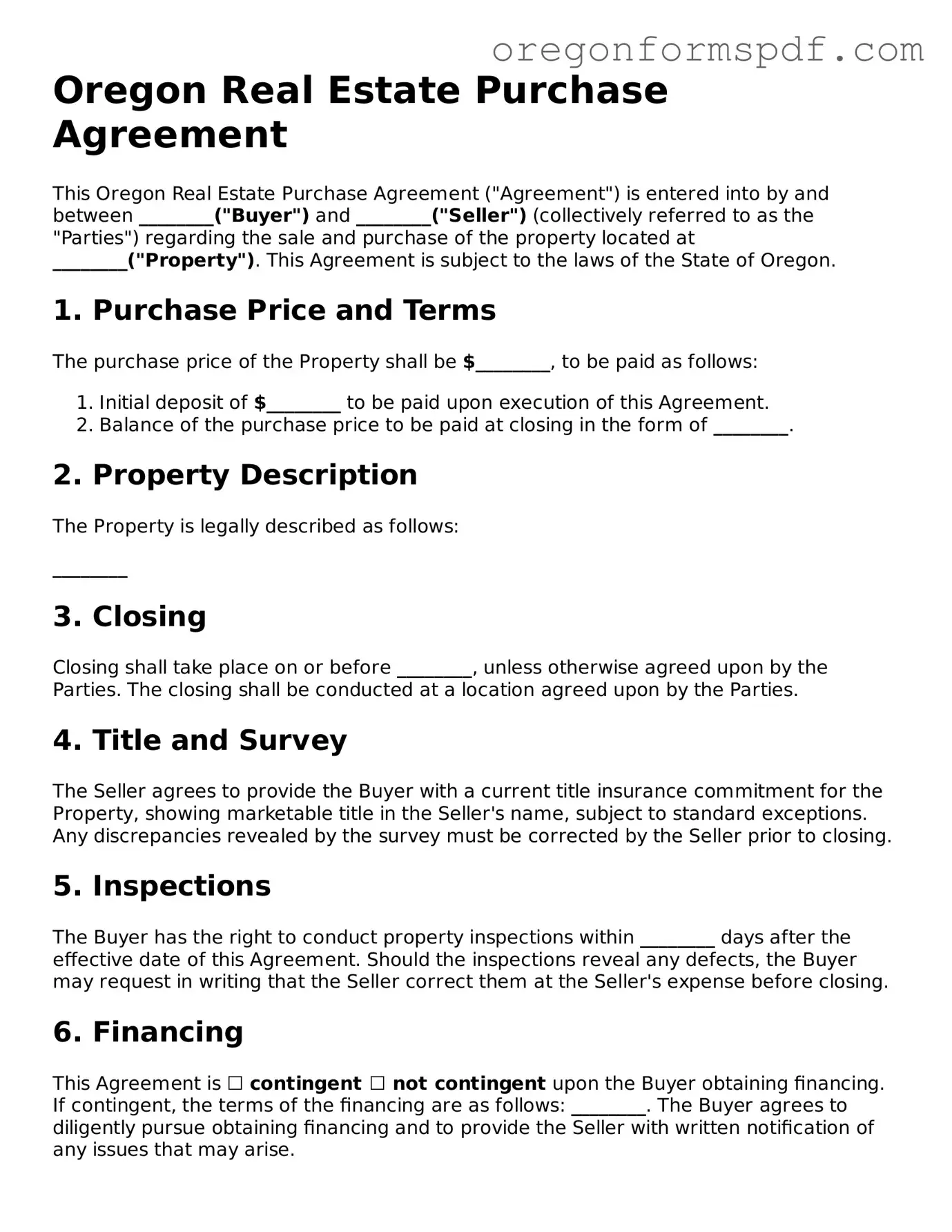 Official  Real Estate Purchase Agreement Template for Oregon