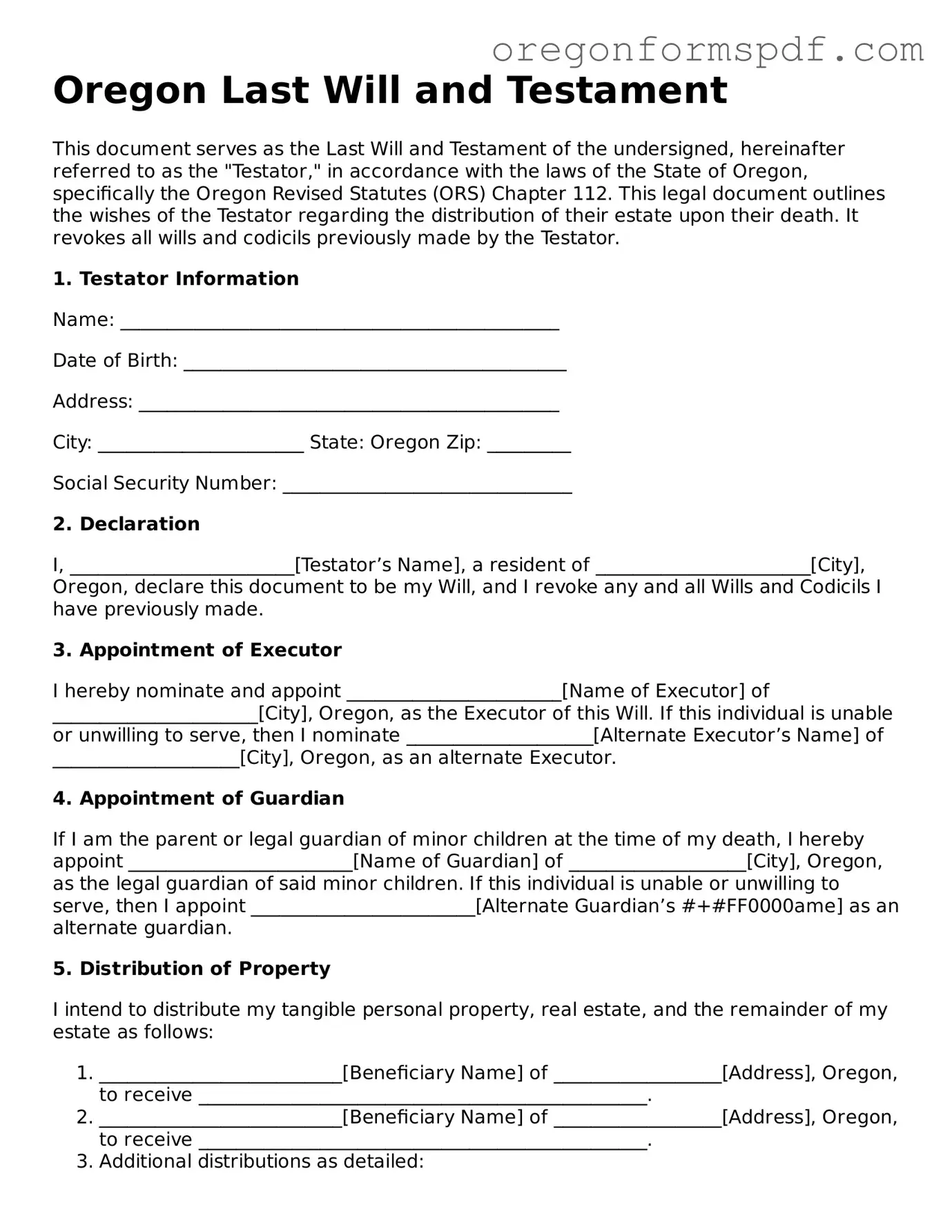 Official  Last Will and Testament Template for Oregon