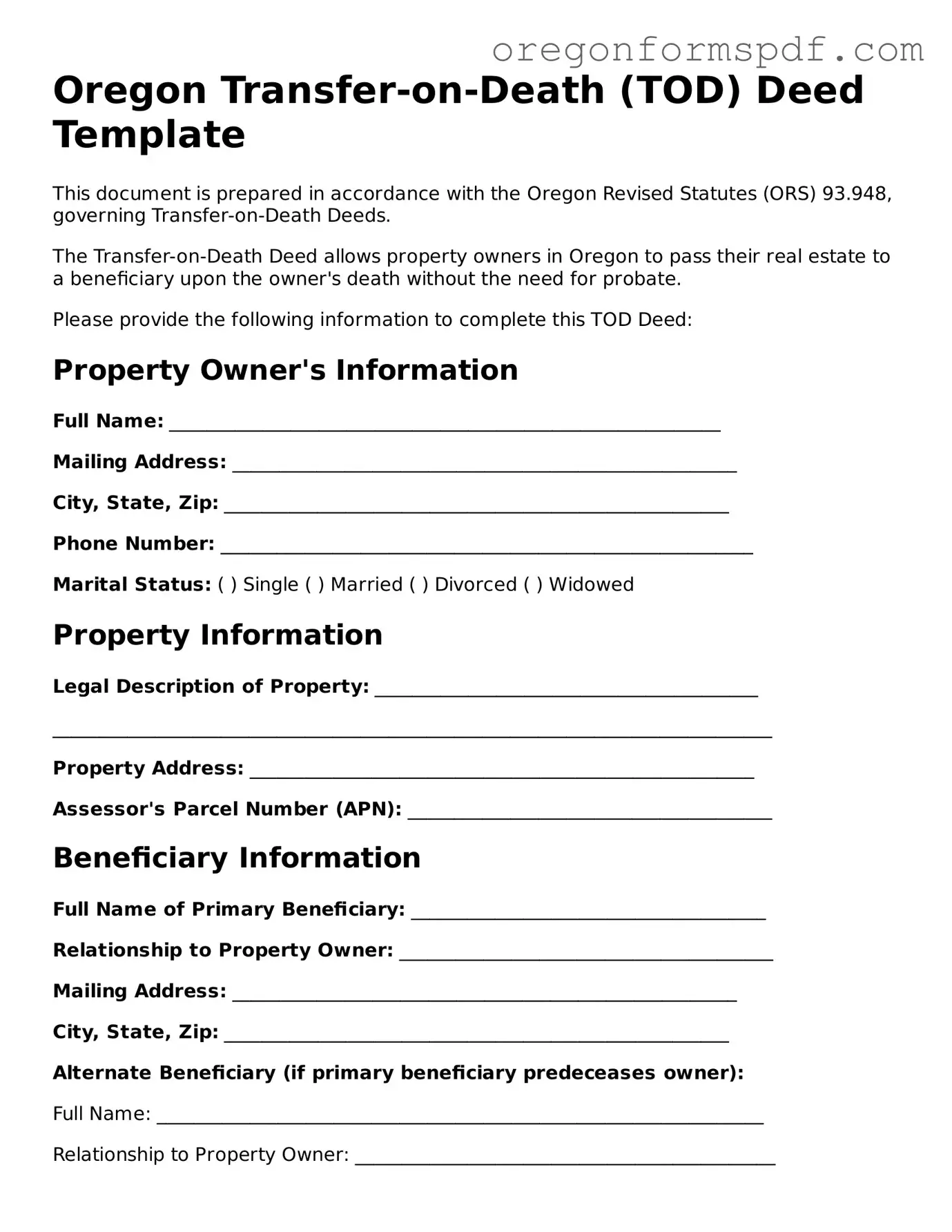Official  Transfer-on-Death Deed Template for Oregon