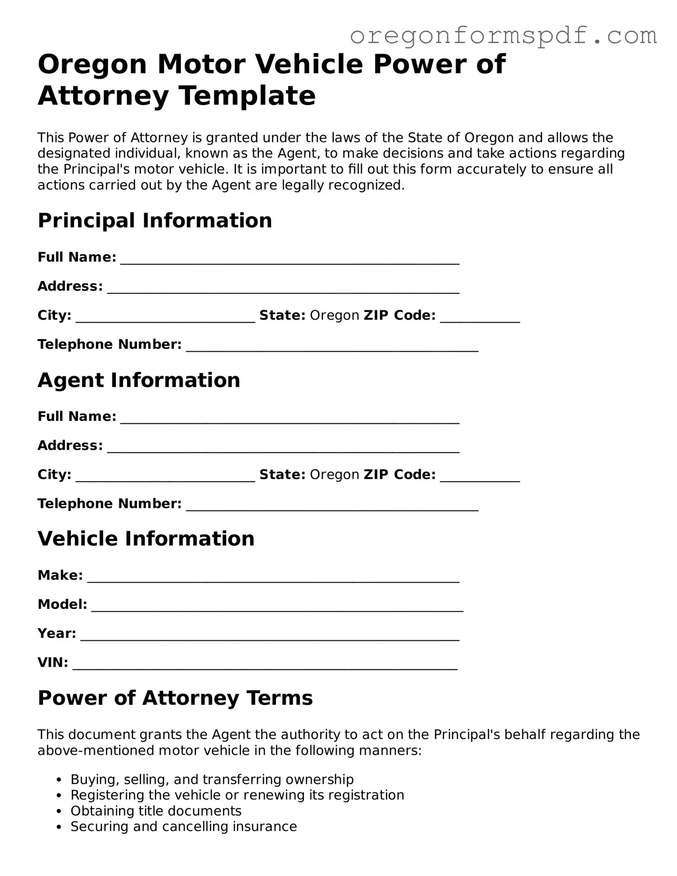 Official  Motor Vehicle Power of Attorney Template for Oregon