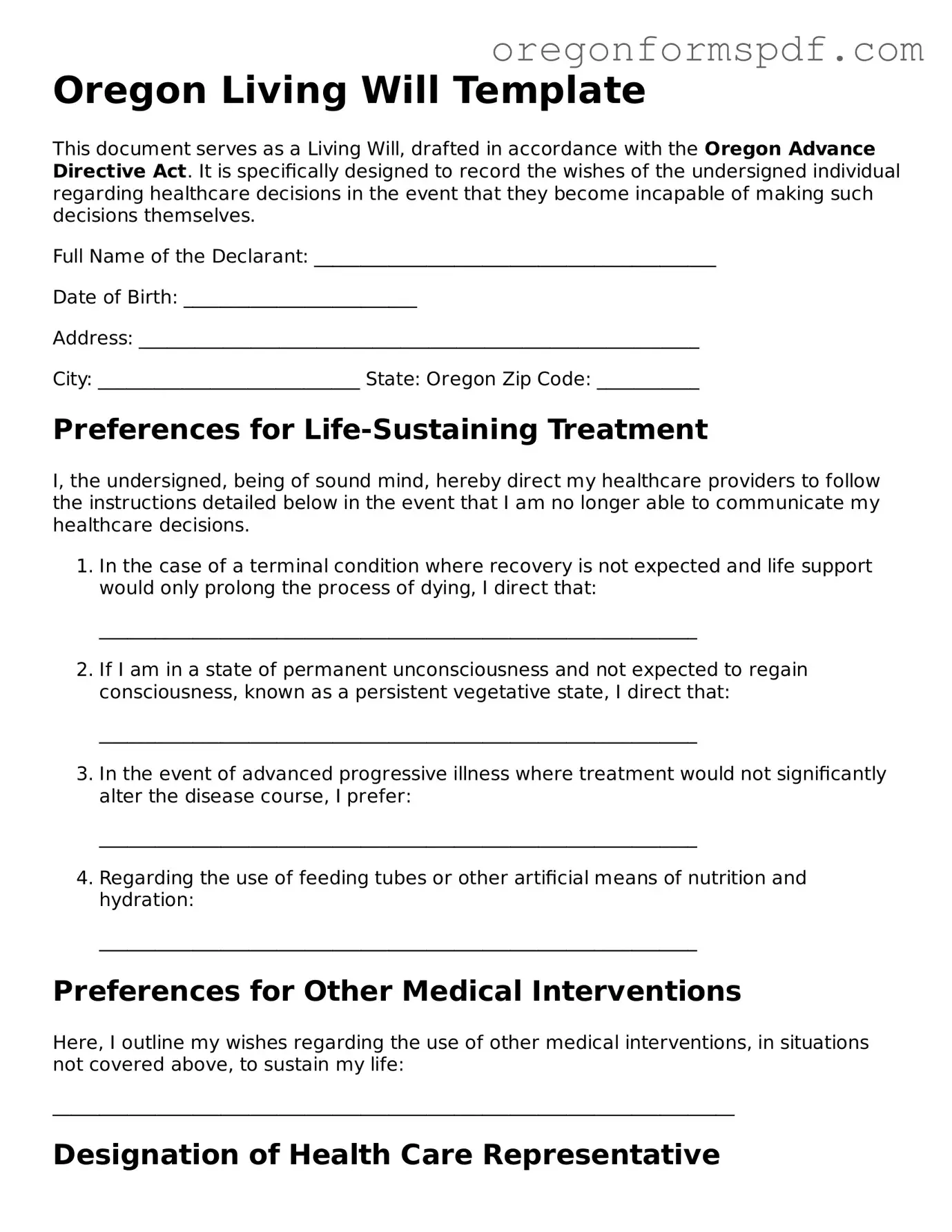 Official  Living Will Template for Oregon