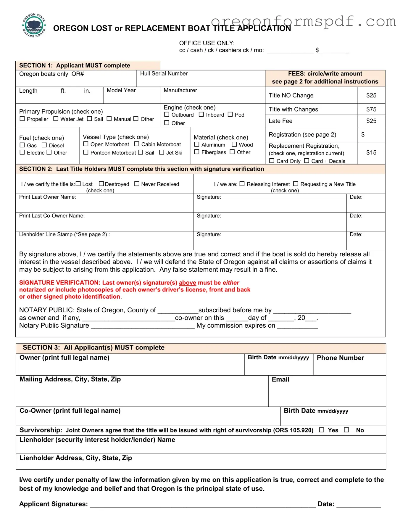 Free Oregon Lost Boat Title Application PDF Form