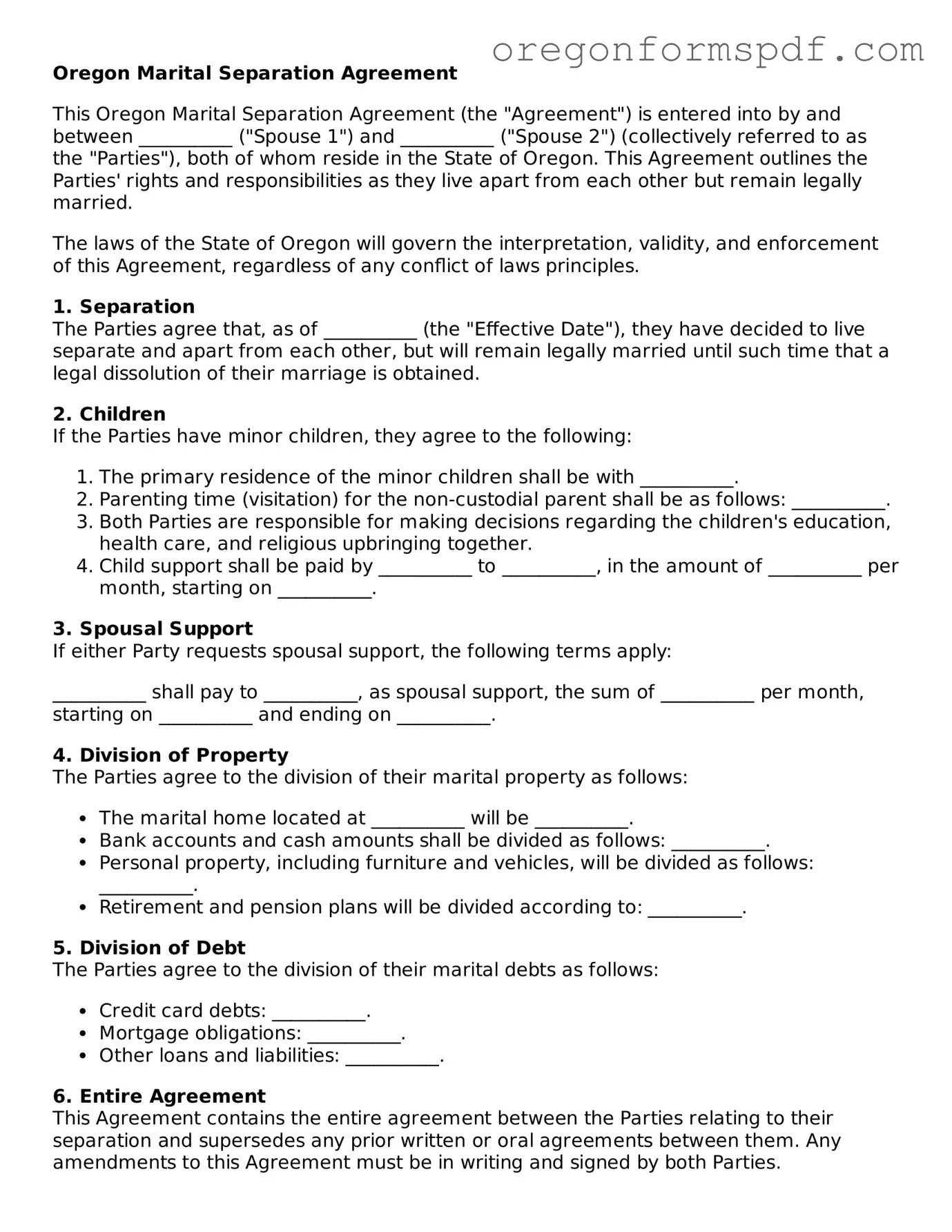 Official  Marital Separation Agreement Template for Oregon