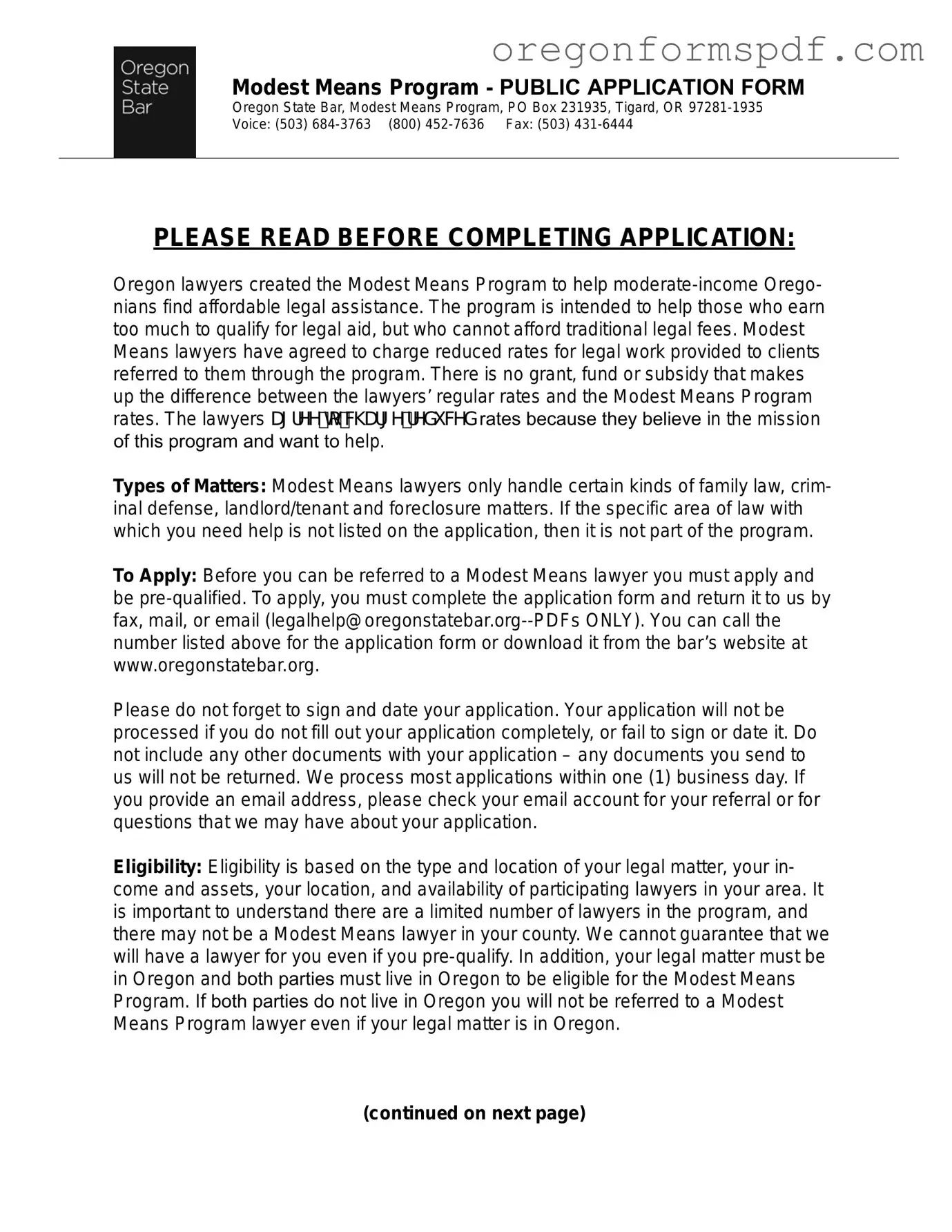 Free Oregon Modest Means Program PDF Form