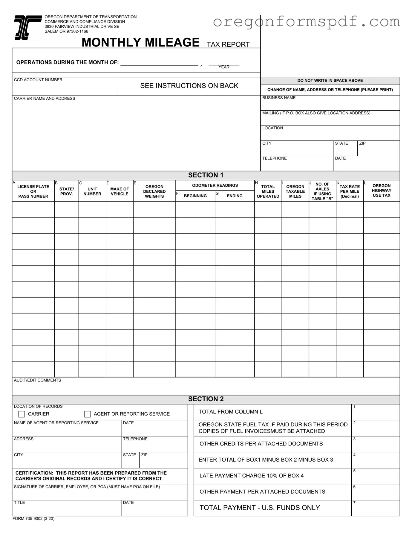 Free Oregon Monthly Mileage Tax PDF Form
