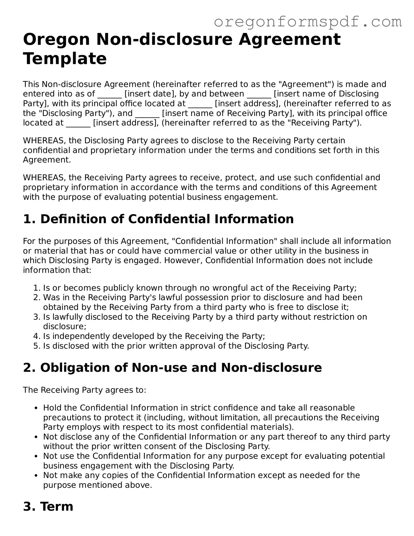 Official  Non-disclosure Agreement Template for Oregon