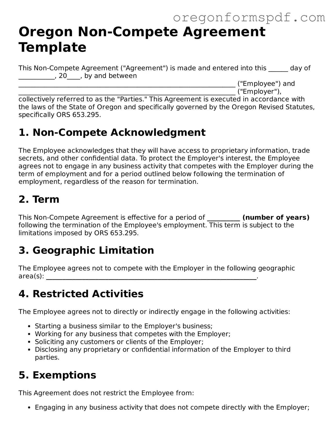 Official  Non-compete Agreement Template for Oregon