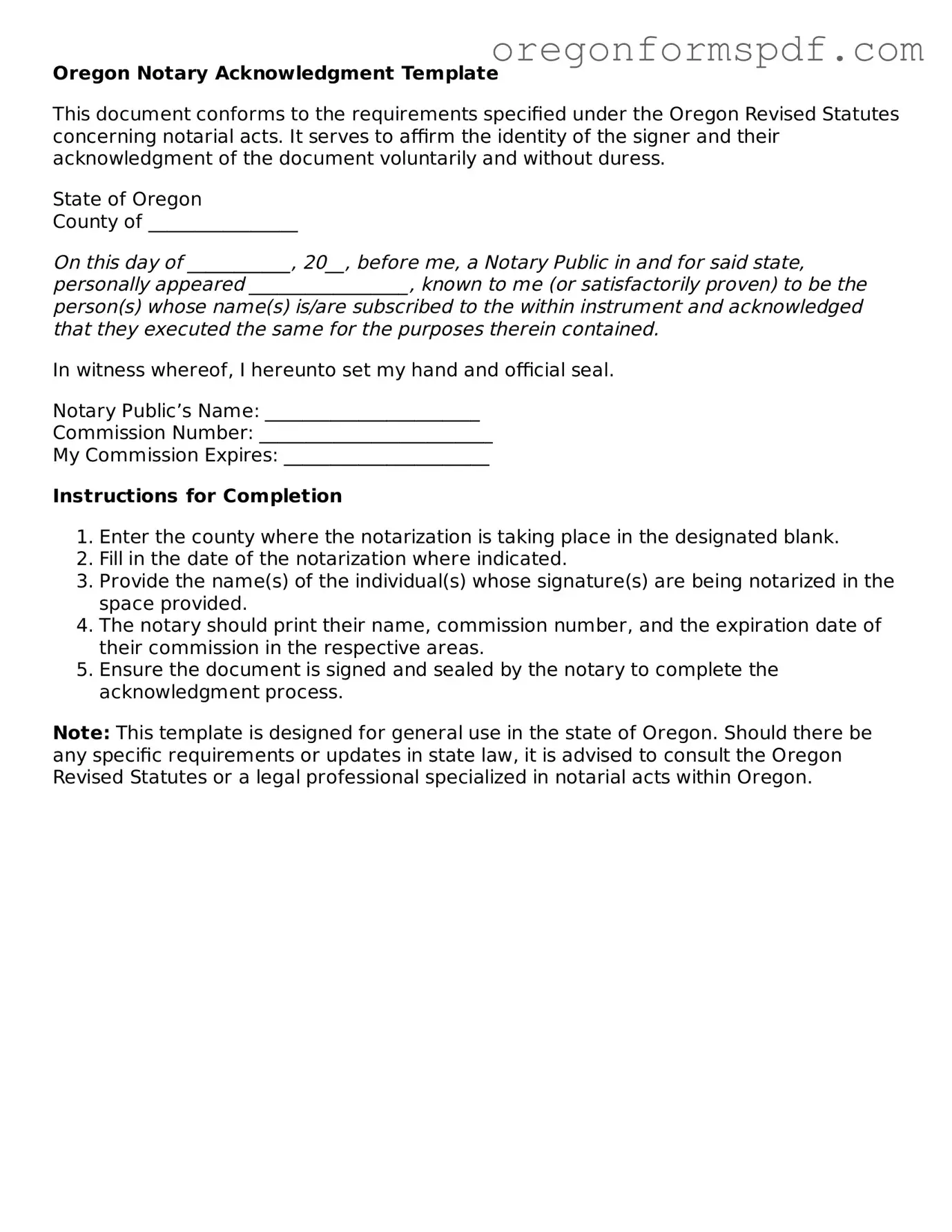Official  Notary Acknowledgement Template for Oregon