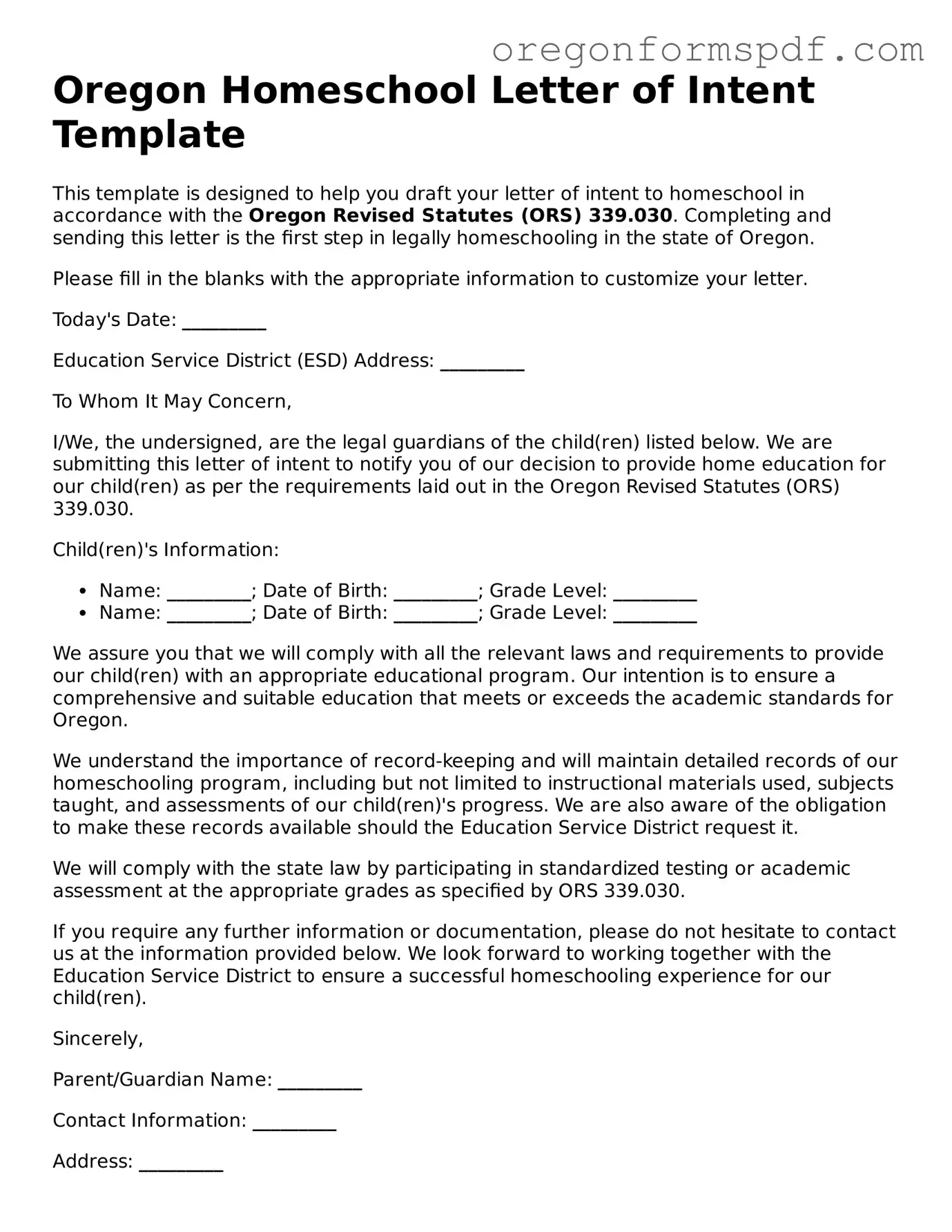 Official  Homeschool Letter of Intent Template for Oregon