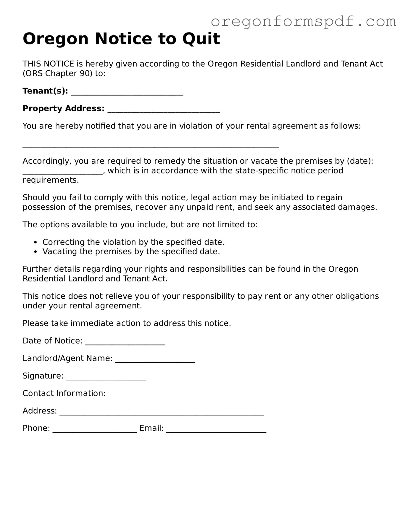 Official  Notice to Quit Template for Oregon