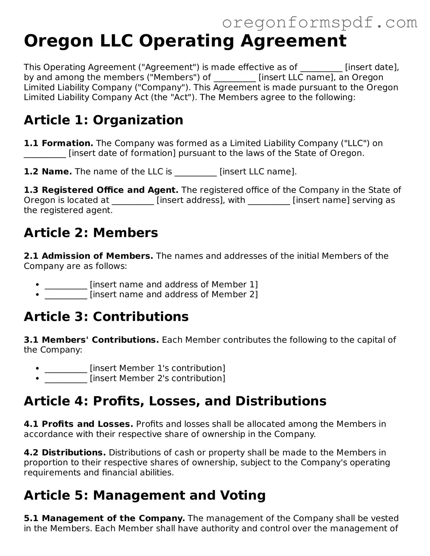 Official  Operating Agreement Template for Oregon