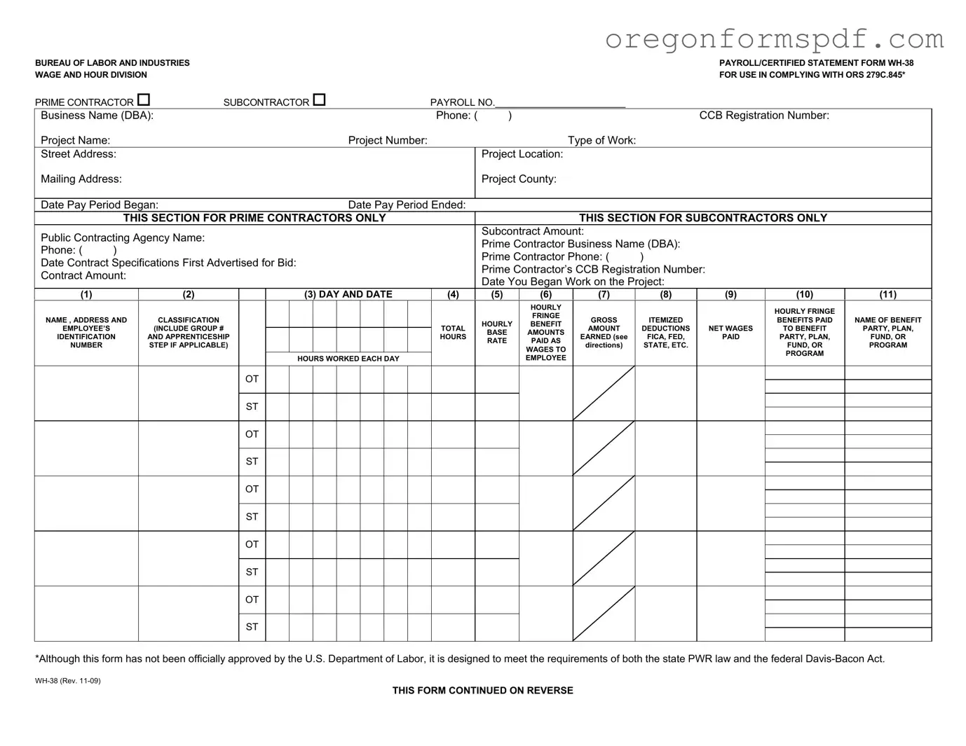 Free Oregon Payroll Wh 38 PDF Form