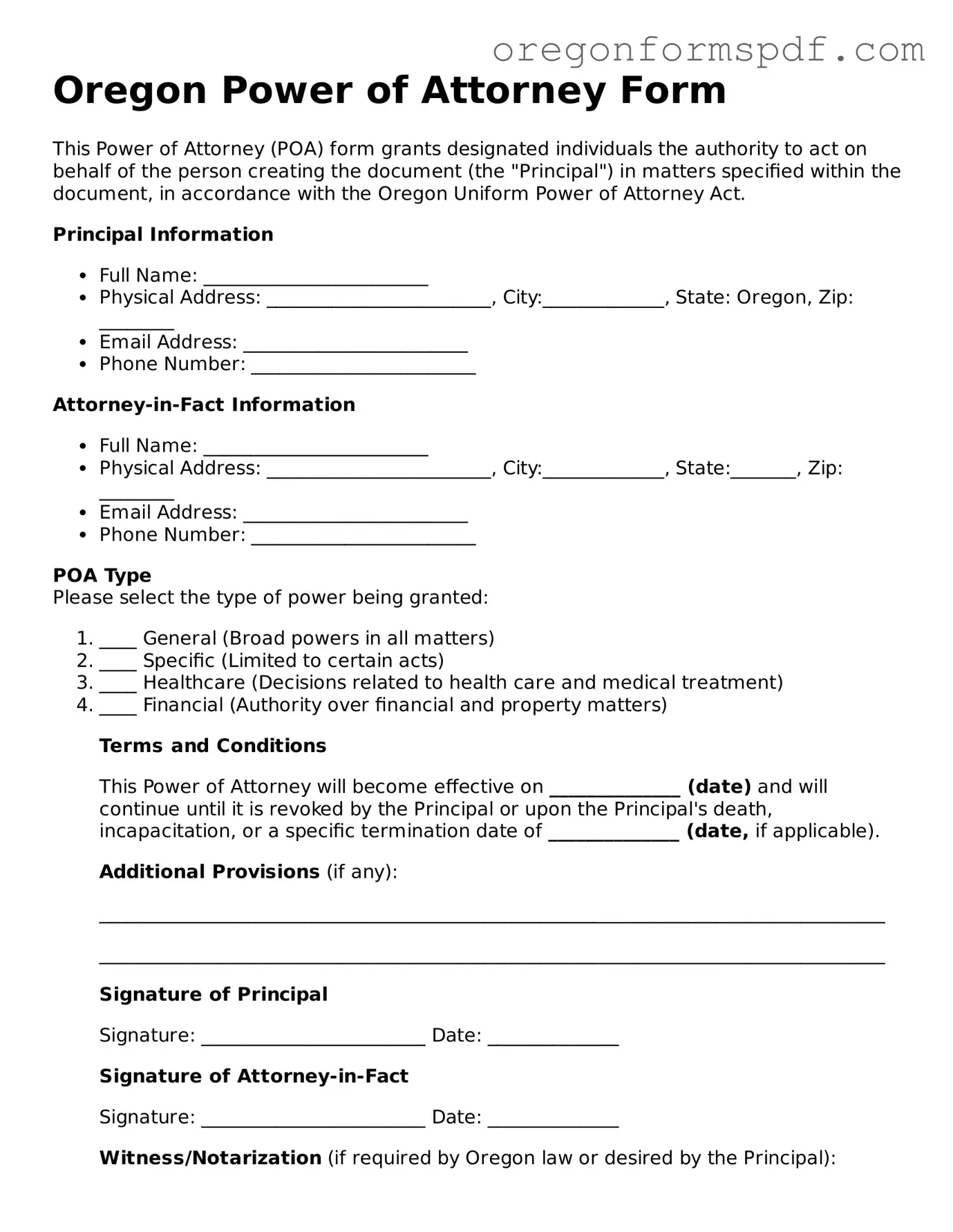 Official  Power of Attorney Template for Oregon