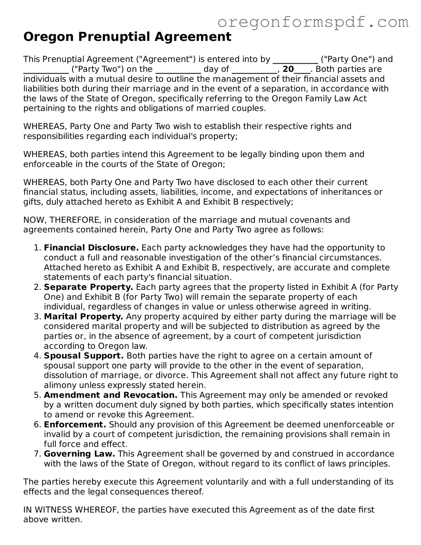 Official  Prenuptial Agreement Template for Oregon
