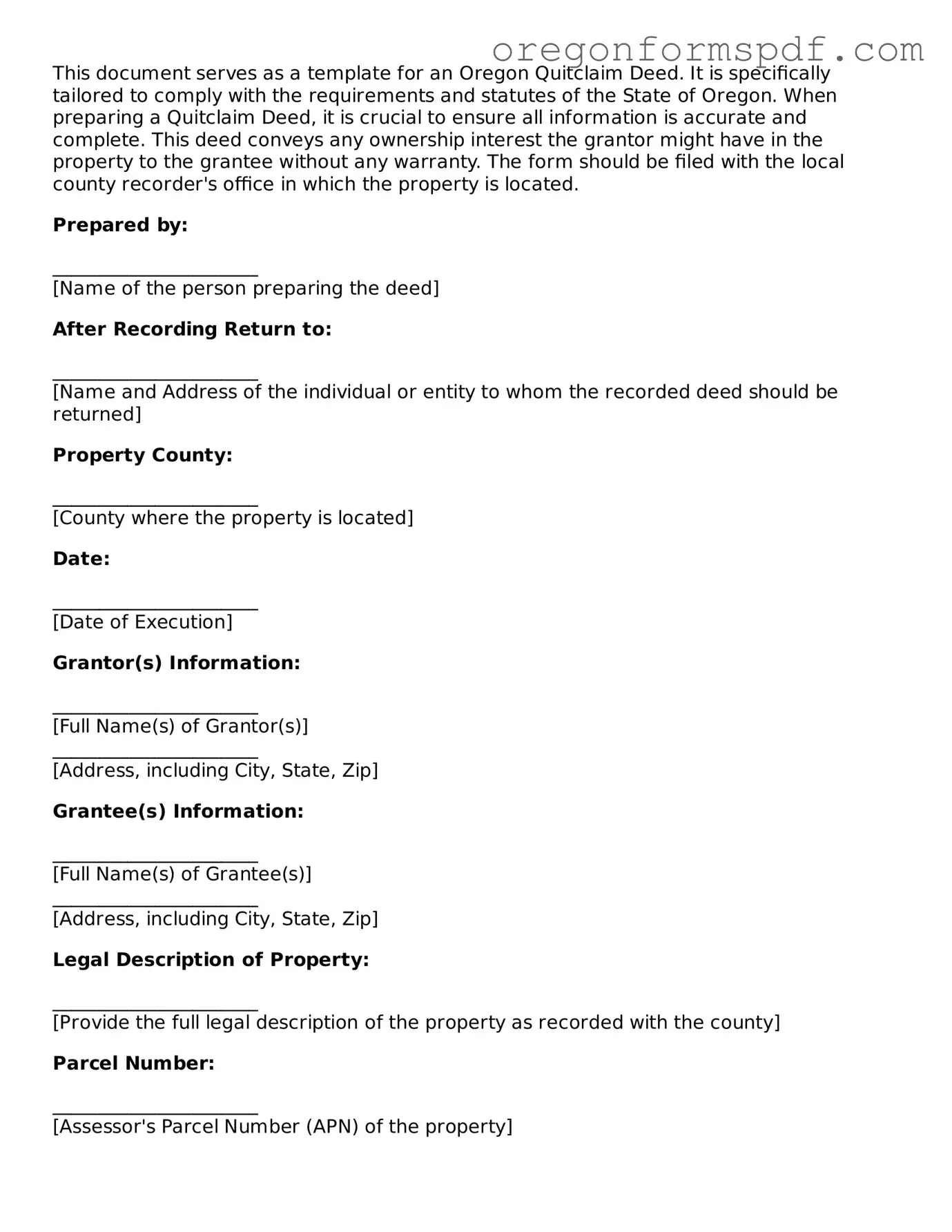 Official  Quitclaim Deed Template for Oregon